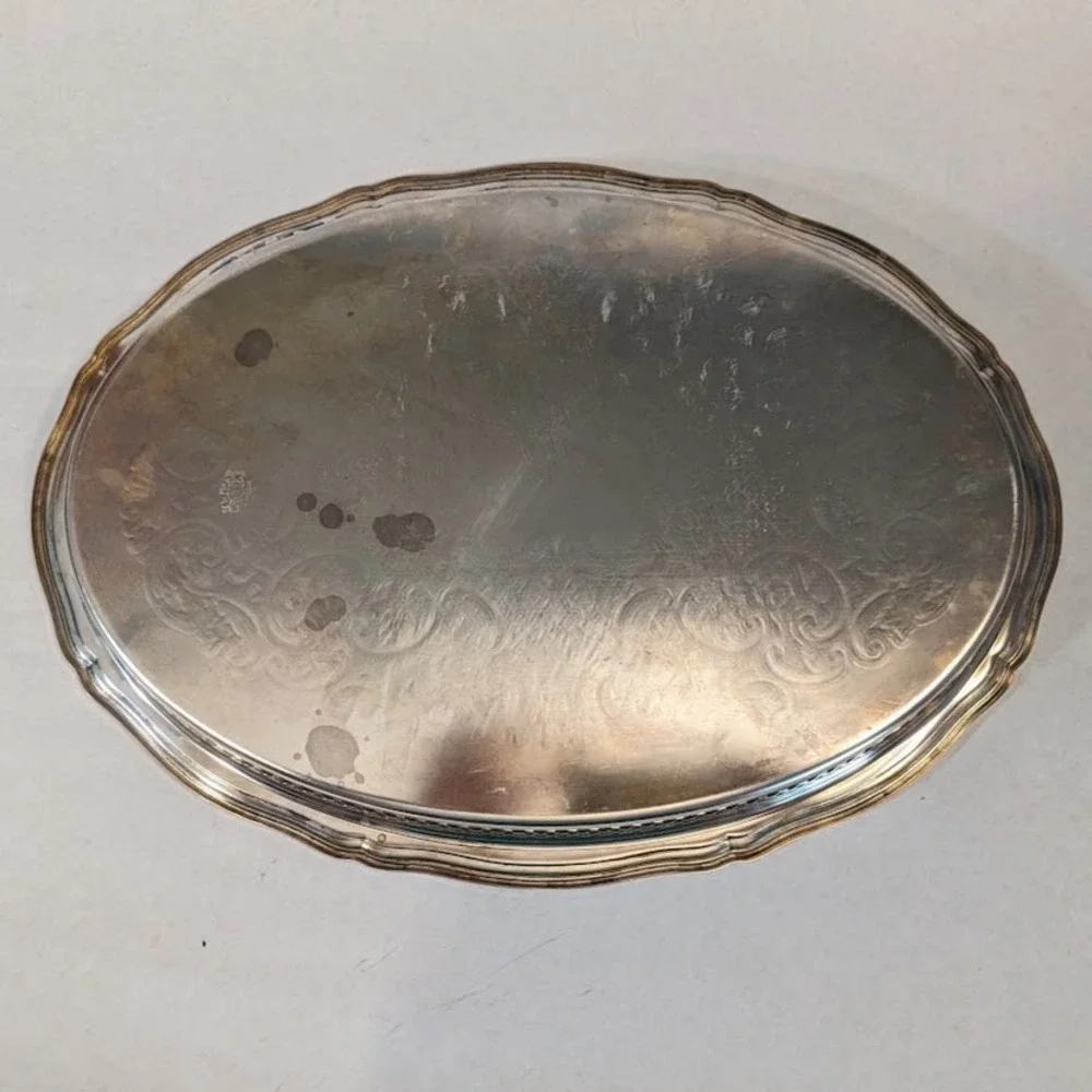 Vtg Oneida Silver Plated Oval Serving Tray Etched Floral Pierced Gallery Rim 15